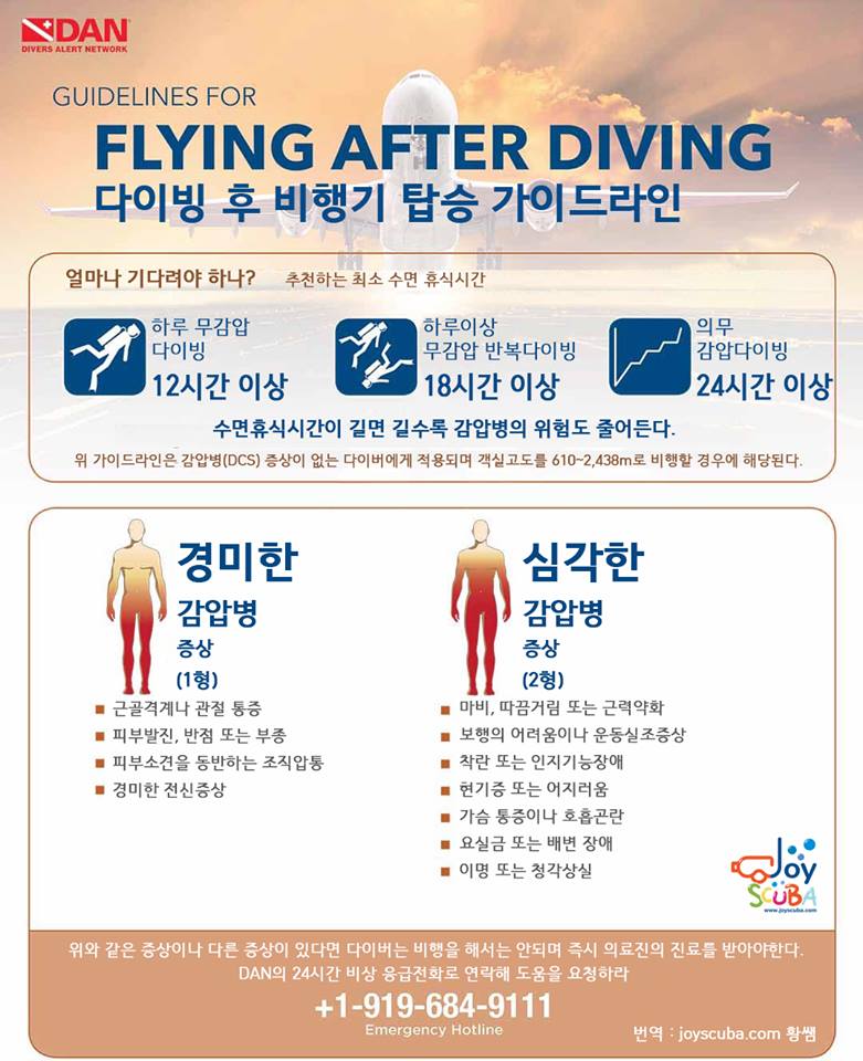 다이빙 후 비행탑승시간에 대한 DAN의 가이드라인입니다